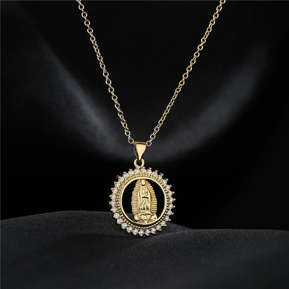 Good Quality Mary Women Necklaces, Gold Color Stainless Steel Mary Pendant With CZ Stone, Elegant Jewelry Gift