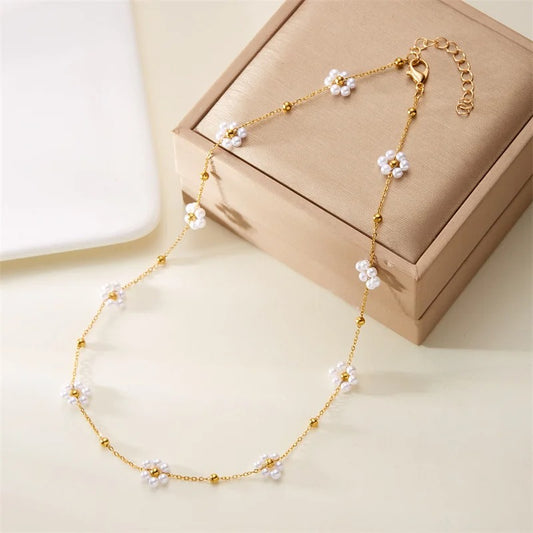 Sweet Cute Crystal Pearl Flower Bracelets for Women Fashion Gold Color Chain Charm Bracelet Necklace Jewelry