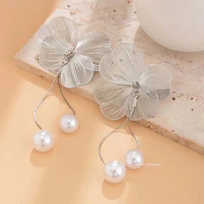 Flower Petal Tassel Earrings Women Long Imitation Pearl Jewelry