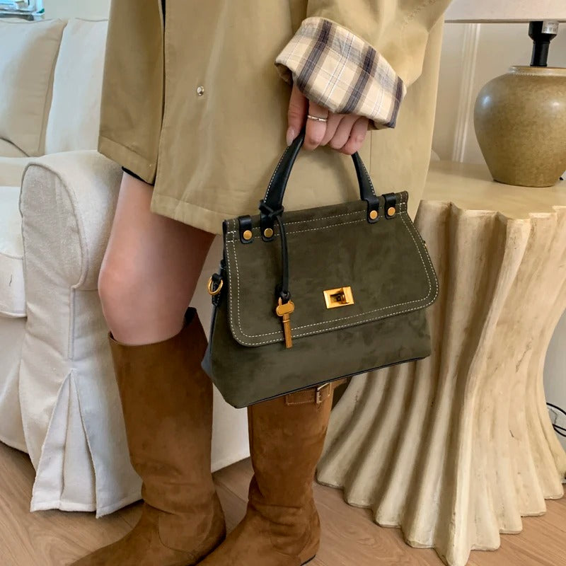 Retro PU Suede Top Handle Bag Women Flap Crossbody