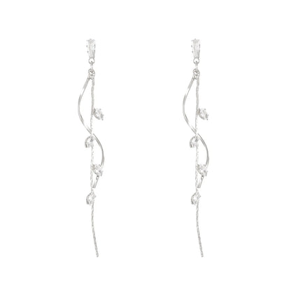 French Luxury Sweet Romantic Long Zircon Tassel Twisted Earrings for Women Temperament Wedding Banquet Jewelry Gift