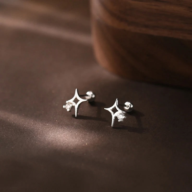 Real 925 Sterling Silver Piercing Screw Bead Zircon Star Tiny Stud Earrings for Women Minimalist Trendy Fine Jewelry Accessories