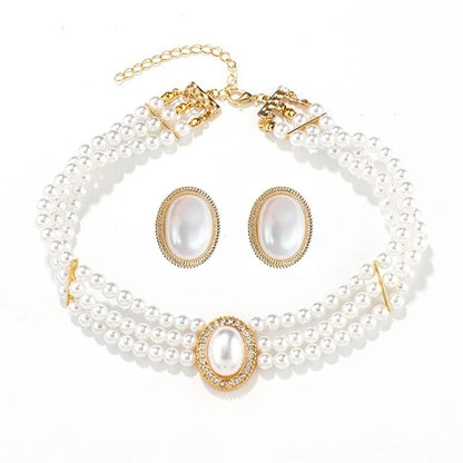 Elegant Three-Layer Pearl Necklace & Earrings Set Party Jewelry