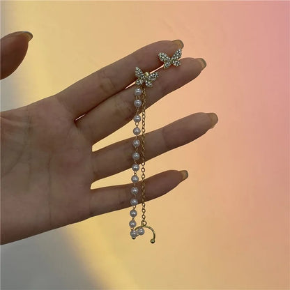 Korean Pearl Tassel Butterfly Earrings Women Dangle Jewelry