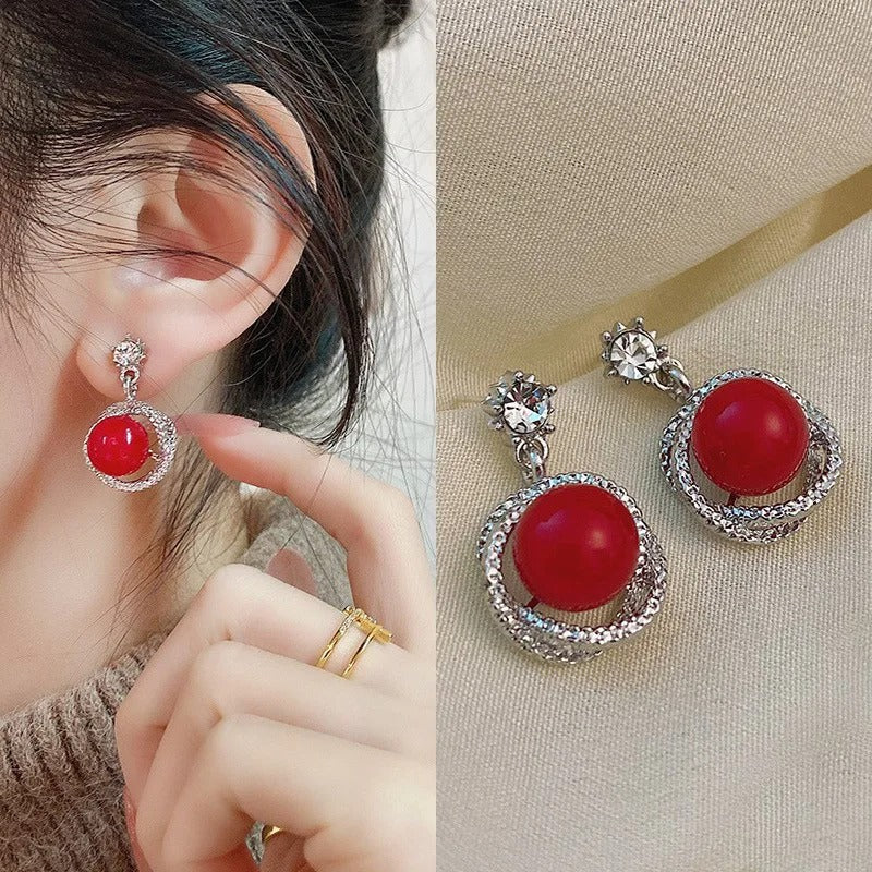 Red White Ball Dangle Earrings Women Crystal Drop Jewelry