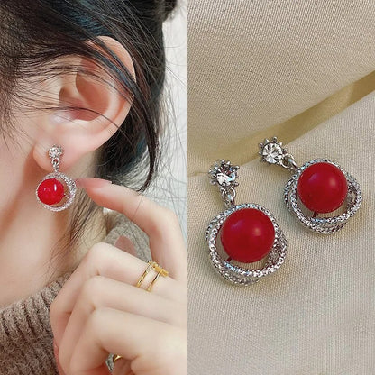 Red White Ball Dangle Earrings Women Crystal Drop Jewelry