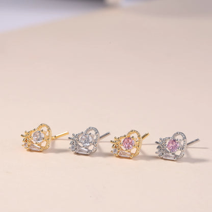 20G L Shaped Nose Studs Rings Cute Pink Heart CZ Shiny Love Stone Gold Silver Color Nose Piercing for Women Girl Nostril Jewelry