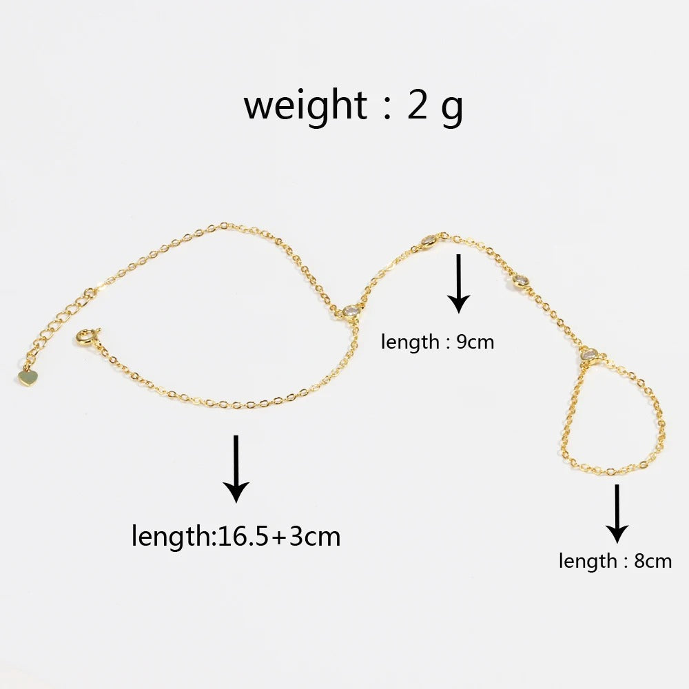18K Gold Plated Stainless Steel Hand Chain Bracelet with Zircon Ring