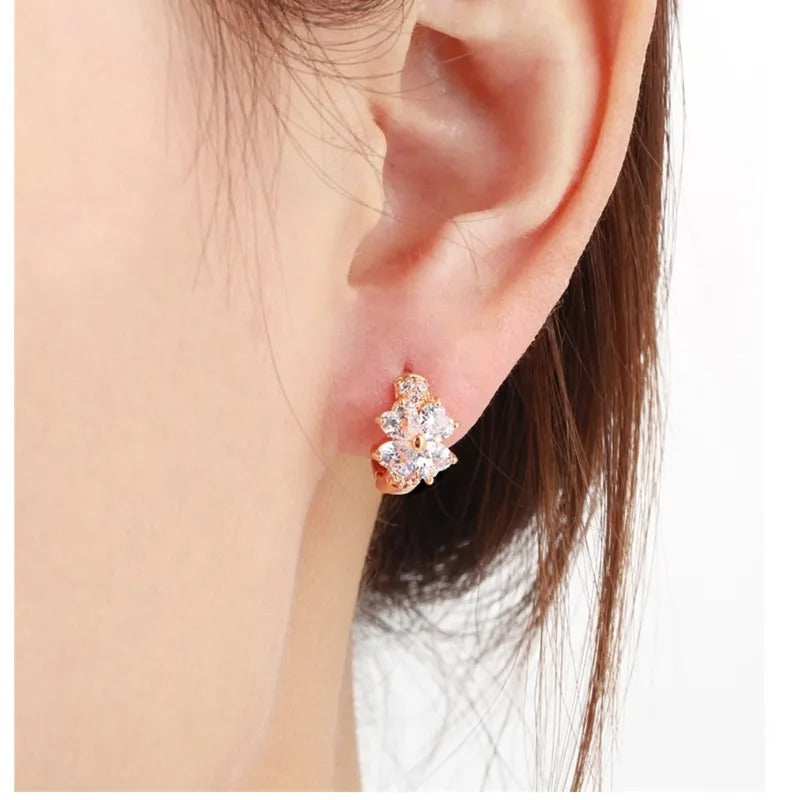 Four Leaf Clover & Heart CZ Huggie Hoop Earrings for Women Gold