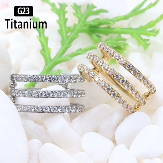 G23 Titanium 3-Row Zircon Hoop Clicker Nose Septum Tragus Helix Cartilage Lip Piercing Jewelry.