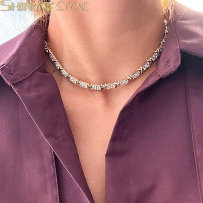 Iced Out Cross X Necklace Gold & Silver 3MM CZ Tennis Chain for Women