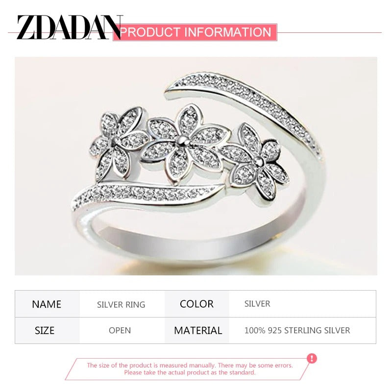 ZDADAN 925 Silver Adjustable CZ Flower Ring for Women