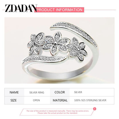 ZDADAN 925 Silver Adjustable CZ Flower Ring for Women