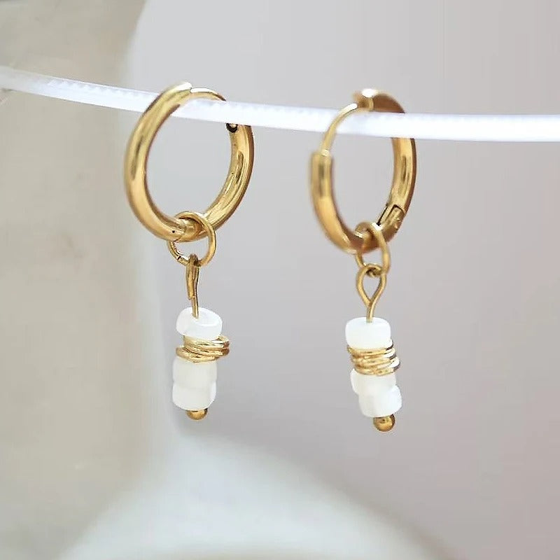 White Shell Beads Pendant Stainless Steel Hoop Earrings for Women Gold Plated Fashion Jewelry Gift