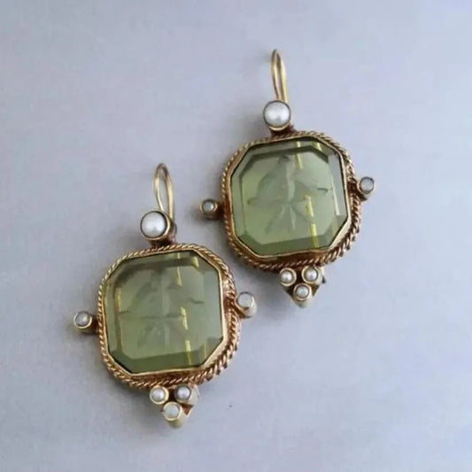 2 Pcs Vintage Round Green Pearl Dangle Earrings Women Jewelry