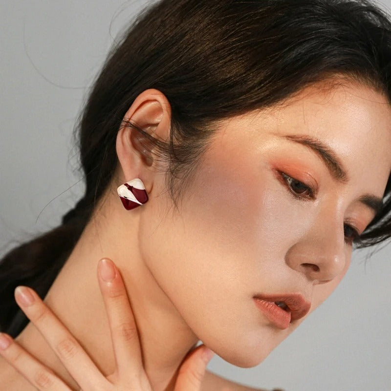 Red Block Square Stud Earrings Korean Style Women’s Party Jewelry