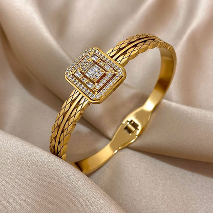 Gold-Plated Chunky Stainless Steel Cuff Rhinestone Multilayer Bracelet