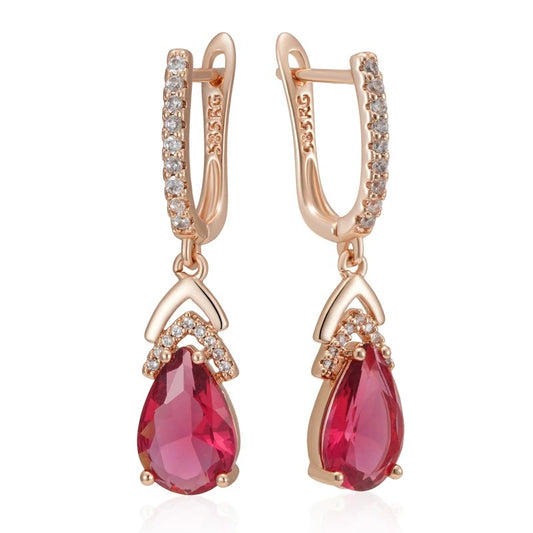 Red Zircon Water Drop Earrings for Women 585 Rose Gold Wedding Jewelry