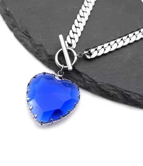 Red Heart Necklace Choker for Women Stainless Steel Silver Color Glass Pendant Clavicle Chain Necklaces Jewelry Girlfriend Gift