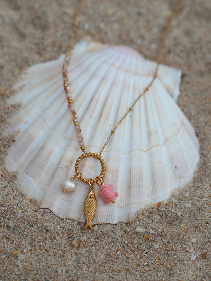 Stainless Steel Natural Freshwater Pearl Fish Shape Pendant Necklace For Women 18K Gold Plated Waterproof Jewelry For Vacation