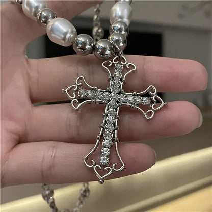 Pearl Cross Pendant Necklace Women Punk Retro Women Religious Zircon Chain Necklaces Girls Hip Hop Party Trendy Jewelry Gift