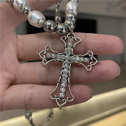 Pearl Cross Pendant Necklace Women Punk Retro Women Religious Zircon Chain Necklaces Girls Hip Hop Party Trendy Jewelry Gift