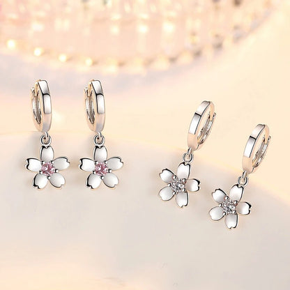 925 Sterling Silver Cherry Blossom Earrings Women Pink White Zircon