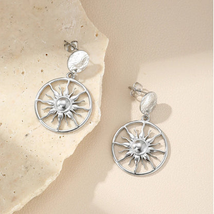 Stainless Steel Sunflower Circle Dangle Earrings Women Luxury Jewelry