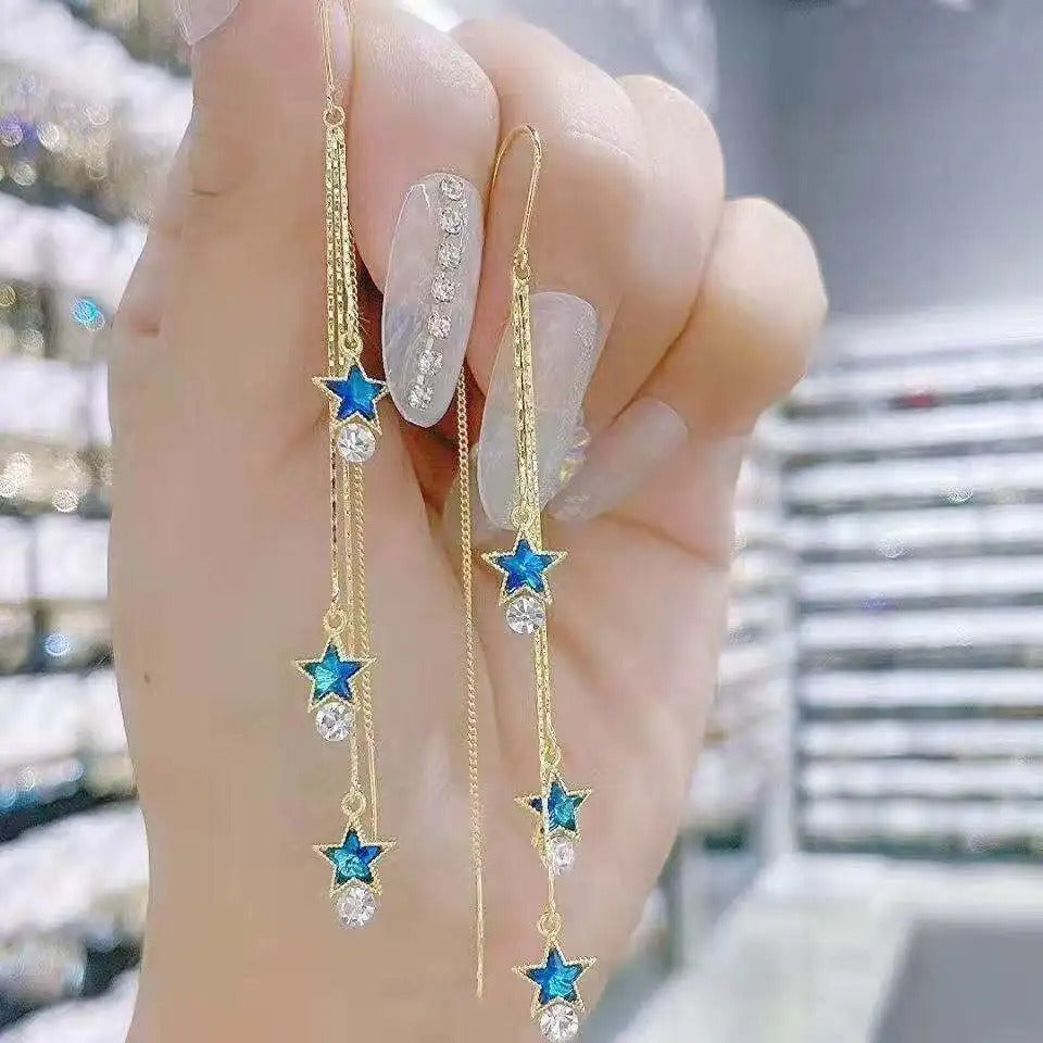Blue Heart Zircon Tassel Earrings for Women Light Luxury Dangle Jewelry