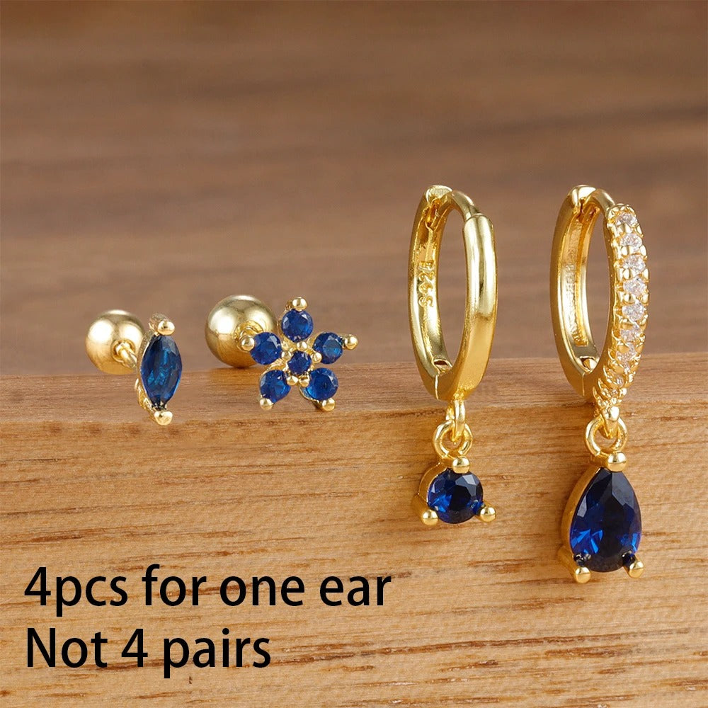 4-Pc 18K Gold Plated Cubic Zirconia Flower Hoop Earrings for Women
