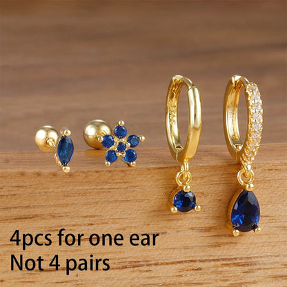 4-Pc 18K Gold Plated Cubic Zirconia Flower Hoop Earrings for Women
