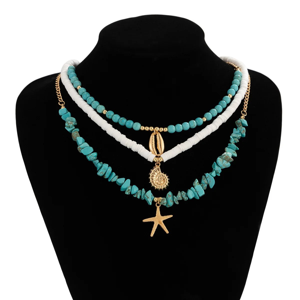 Retro Gold Color Metal Starfish Shell Conch Pendant Necklace Women 2025 Multi Layer Sweet Green Turquoise Girl Beach Jewelry
