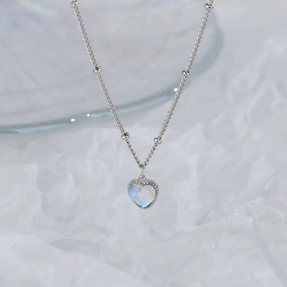 Heart Moonstone Necklace For Women Silver Color Gradient Gemstones Pendant Necklace Bead Chain Necklace Fashion Jewerly Gift