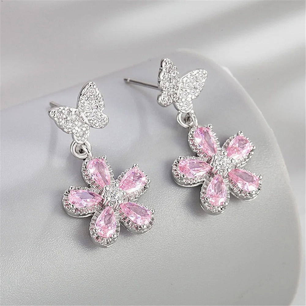 Lovely Silver Flower Earrings with Pink Zircon for Women