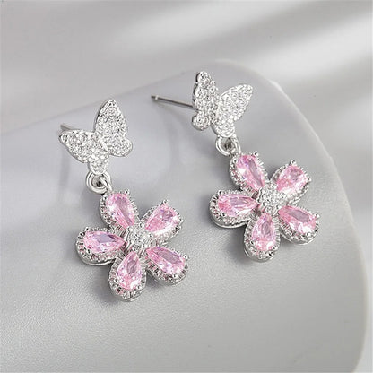 Lovely Silver Flower Earrings with Pink Zircon for Women