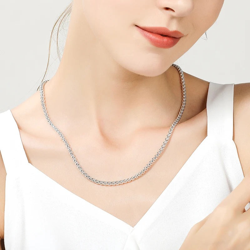 Sterling Silver Round Box Chain Necklace For Woman Fashion Wedding Engagement Charm Jewelry