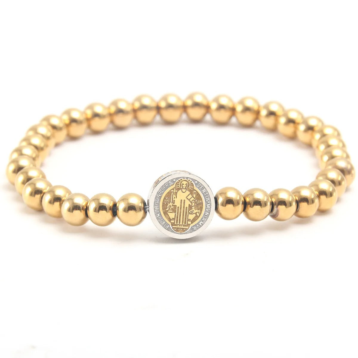 Stainless Steel St. Benito Bracelet Gold Cross 6mm Beads Women