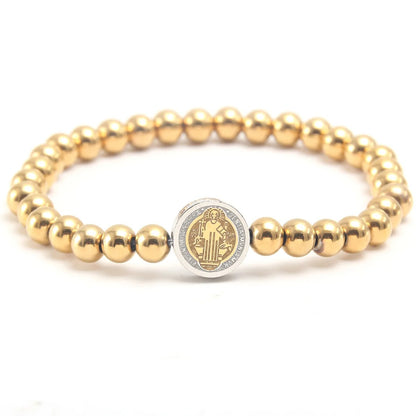 Stainless Steel St. Benito Bracelet Gold Cross 6mm Beads Women