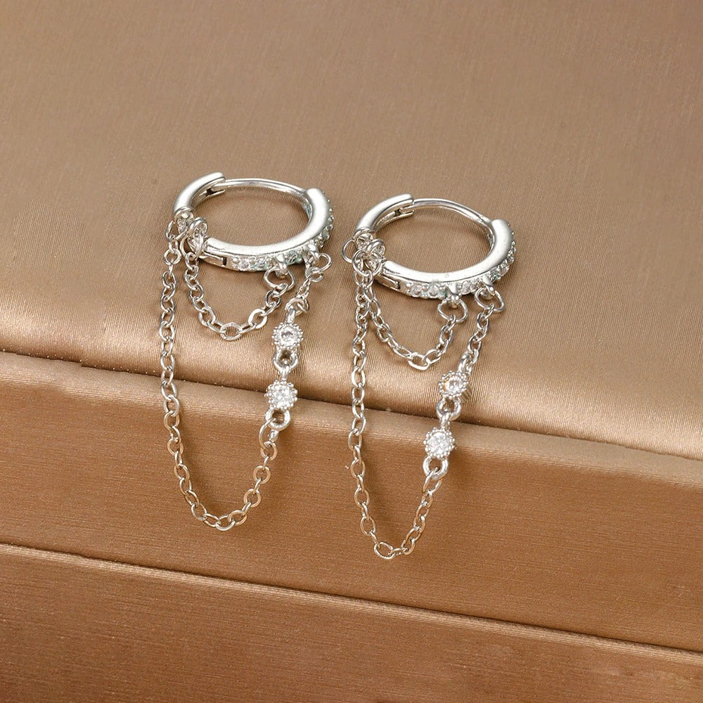 New Arrival Double Chains Long Tassel Drop Earrings For Women Korean Stainless Steel Zircon Hanging Earring Piercing Jewelry