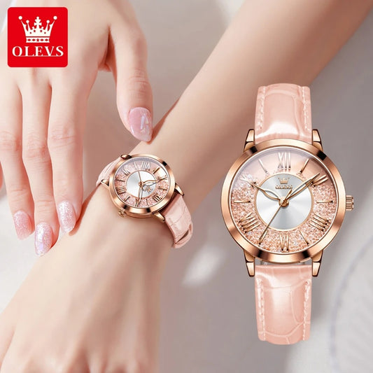 OLEVS Women’s Quartz Watch Flowing Crystal Design, Roman Numerals, Leather Strap & Waterproof Elegant Wristwatch