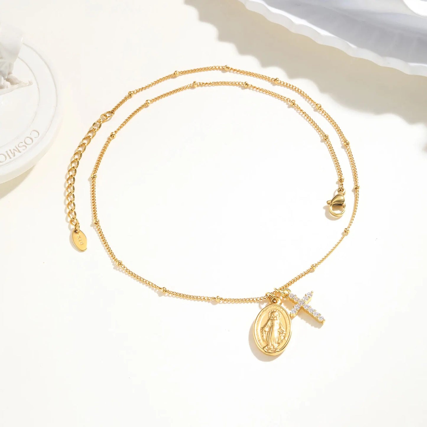 Gold Plated Virgin Mary Zircon Cross Pendant Necklace Stainless Steel