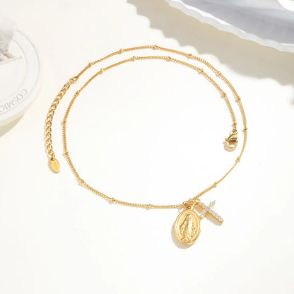 Gold Plated Virgin Mary Zircon Cross Pendant Necklace Stainless Steel