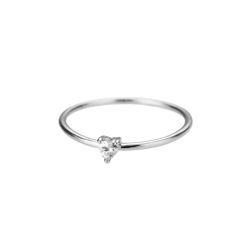 Clear Zircon Heart Charm Thin Ring Minimalist Love Jewelry for Women in Gold or Silver