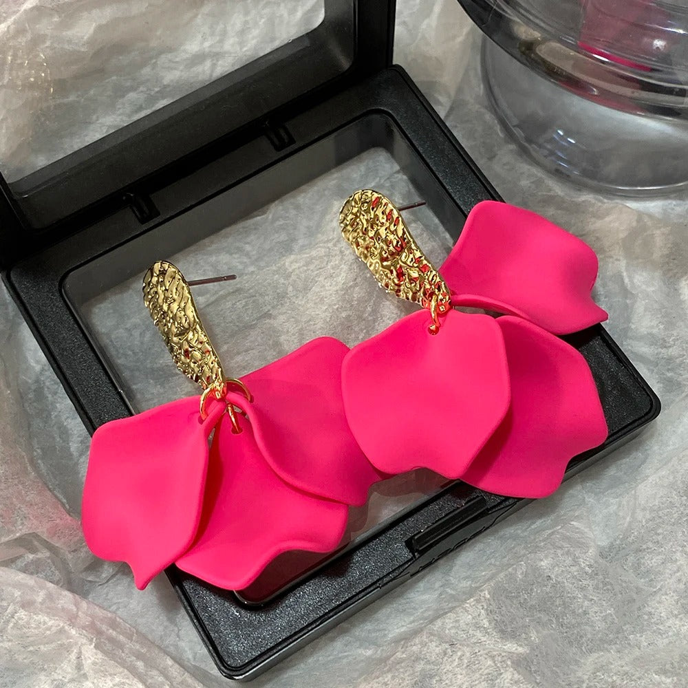 Trendy Solid Color Petal Flower Drop Earrings for Women Gold Color Metal Floral Bridal Earrings Wedding Party Jewelry