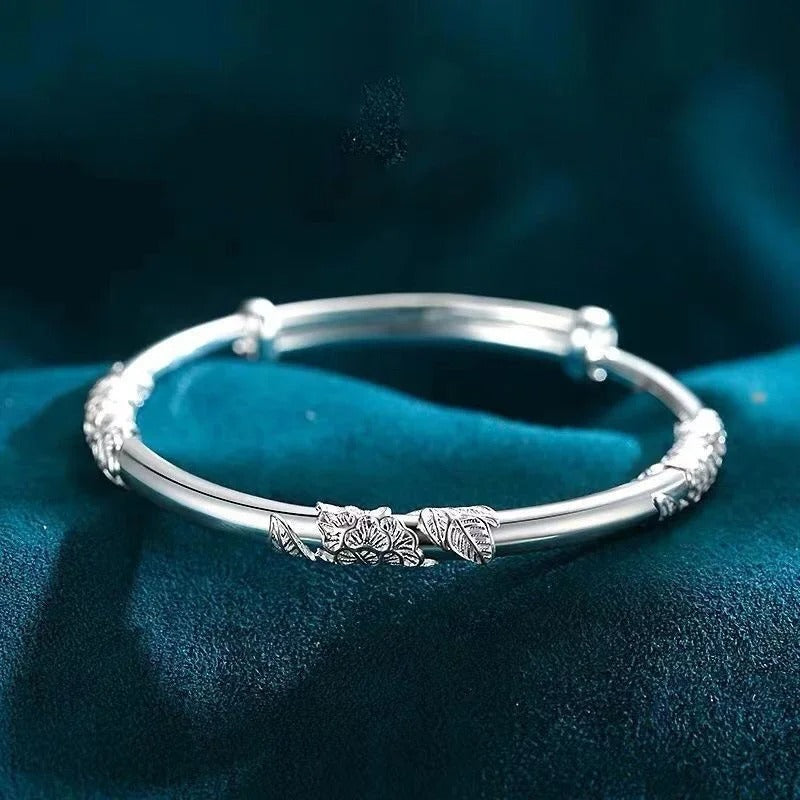 925 Sterling Silver Full-blown Flowers Bangle Bracelet For Women's Delicate Open Adjustable Bracelets Fashion Jewelry
