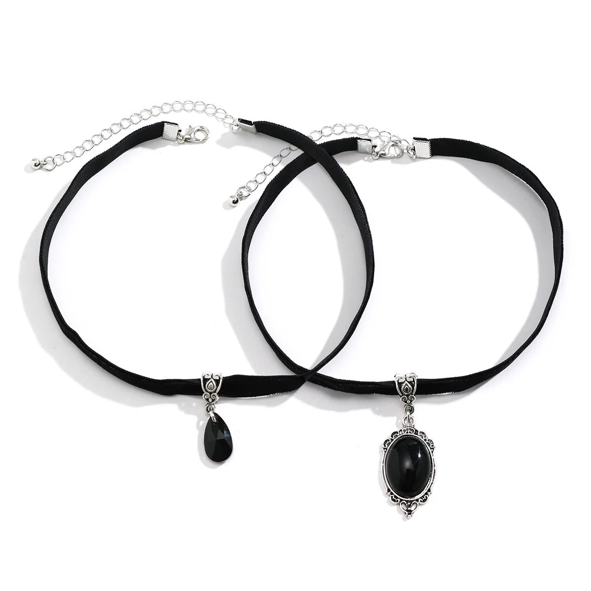2Pcs Goth Korean Velvet Chain Water Drop Crystal Pendant Choker Necklace for Women Collares Adjustable Choker Halloween Jewelry