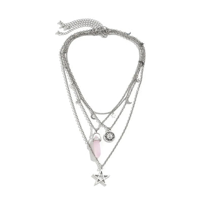 4Pcs Ethnic Pink Crystal Star Pentagram Pendant Choker Necklace for Women Elegant Moon Tassel Chain Party Jewelry Accessories