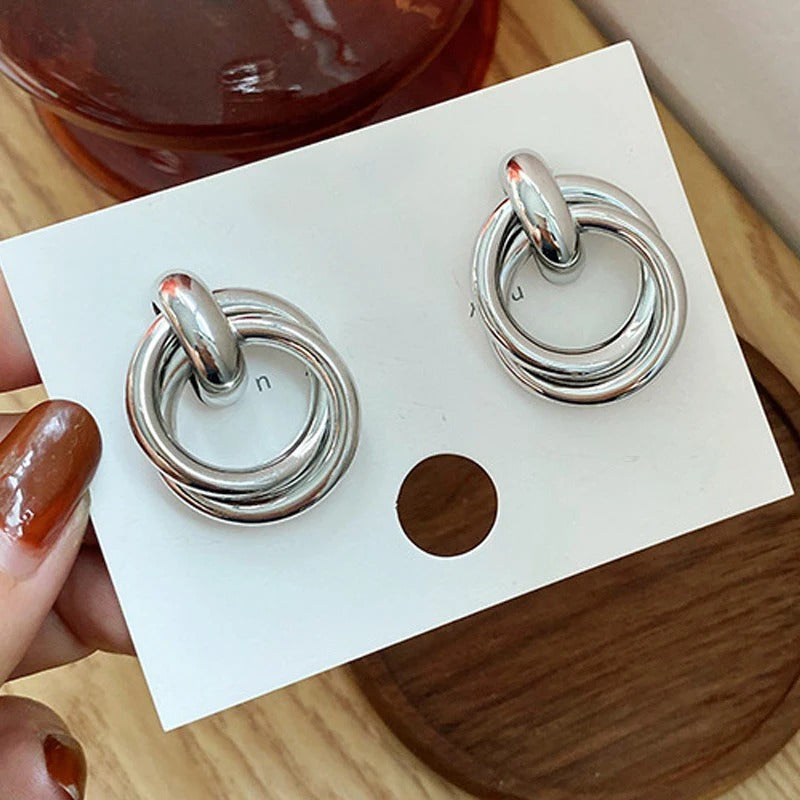 Double Layer Round Circle Dangle Earrings for Women Vintage Simple European Golden Metal Drop Earrings Jewelry Gift