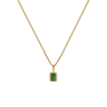 Retro Square Green Zircon Pendant Necklace For Women Titanium Steel Necklace Girls Wedding Engagement Jewelry