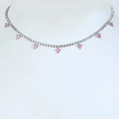2MM Thin CZ Tennis Chain Pink Heart Shaped Cubic Zirconia Drop Charm Sparking Women Fashion Choker Necklace